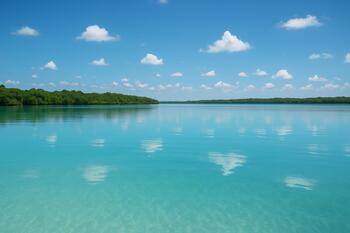 Havelock lagoon with light-turquoise shallows and calm surface