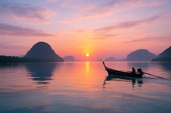 Andaman sunrise over glassy water with pastel sky