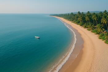 Goa shoreline with light arc of sand against teal water
