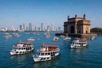 Mumbai’s Gateway bay with harbor boats and skyline