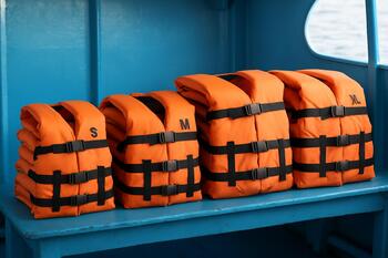 Neatly stacked lifejackets by size on a bench