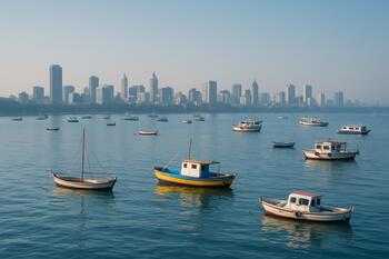 Harbor skyline near Colaba with boats at idle