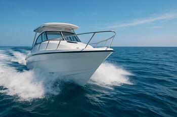 Bow foam curling off a small sport boat at cruise