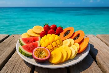 Colorful tropical fruit plate by a wooden pier