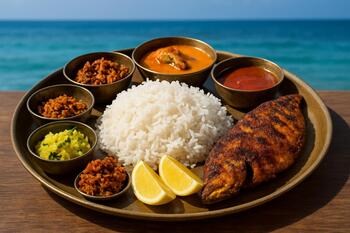Goan fish thali with rice and lemon wedges