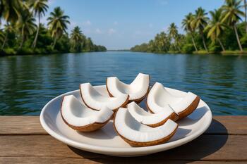 Fresh coconut slices on a plate near backwaters