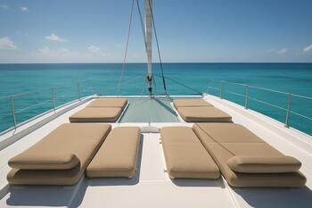 Wide catamaran deck with lounge pads over clear water