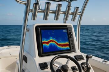 Centre console with rod holders and sonar display