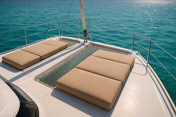 Catamaran deck with wide lounge pads over teal water