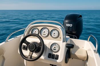 Sport boat helm with 180 hp outboard and clear gauges