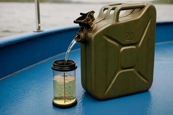 Measuring fuel from a jerrycan with a clear gauge