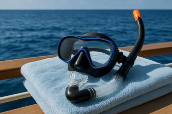 Mask and snorkel set on a towel by the deck rail