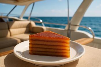 Slice of bebinca on a small plate near the dock