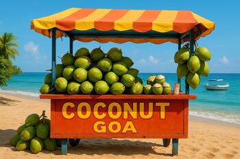 Fresh coconut stall near a coastal road and palms