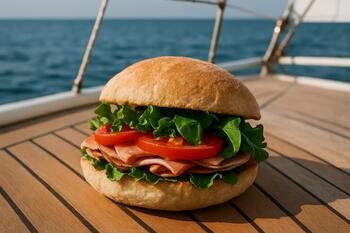 Poi bread sandwich with local fillings by the jetty