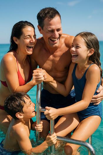 Family laughing as they help each other up the swim ladder