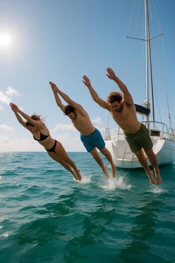 Friends diving off the stern together into teal water