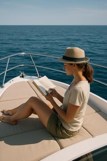 Solo traveler reading a book on the foredeck cushions