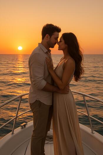 Couple at the bow during a warm orange sunset