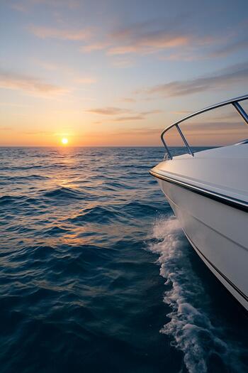 Speedboat bow cutting through small sapphire waves at sunrise