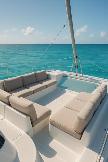 Catamaran deck with cushioned seating and teal water around
