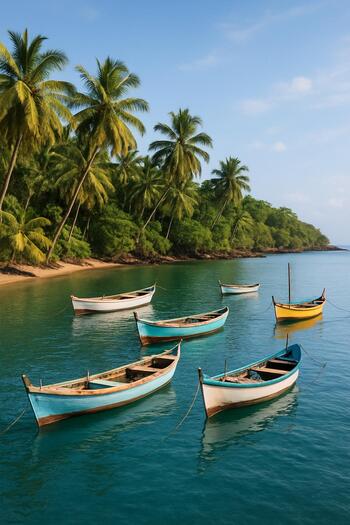 Quiet cove in Goa with boats anchored near a palm-fringed shore