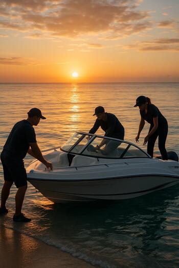 Crew readying a speedboat as golden light hits the water