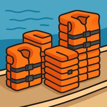 Neatly stacked lifejackets ready on deck