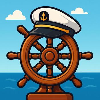 Skipper’s cap on a polished wooden helm