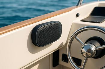Compact Bluetooth speaker mounted near the helm