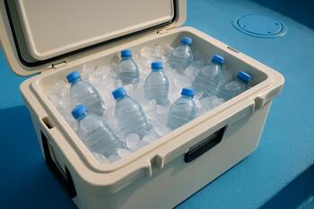Deck cooler filled with ice and water bottles