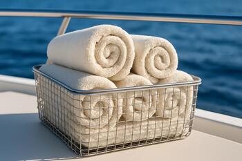 Soft rolled towels stacked in a mesh bin