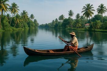 Small fishing canoe crossing a calm backwater