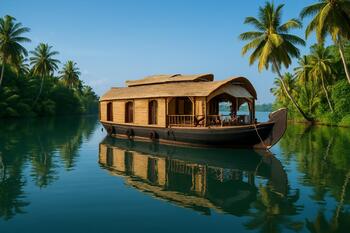 Still water beside a houseboat at anchor