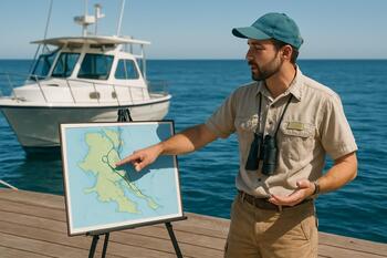 Guide giving a brief at the dock with a map
