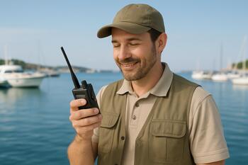 Local guide with handheld radio checking the channel