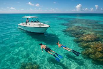 Reef pause with snorkelers beside the boat in clear teal water