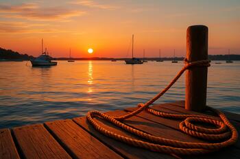 Sunset return with orange light on docklines and calm harbor