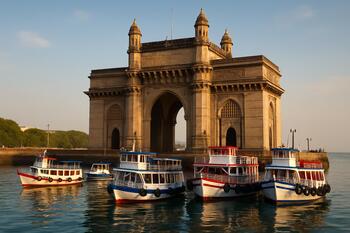 Gateway of India close pass with boats at idle