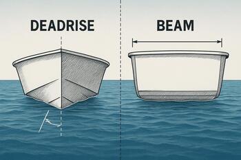Diagram-like photo angles showing deadrise versus beam in two hulls