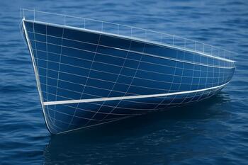 Hull lines sketch overlaid on a glossy blue hull