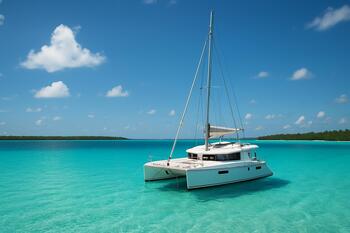 Catamaran lounging by a lagoon with teal water
