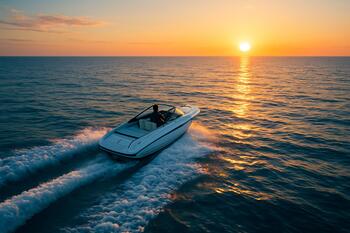 Sunrise run with clean wake behind a compact sport boat