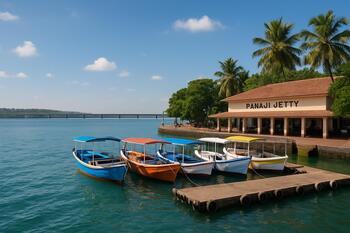 Panaji jetty with palm silhouettes and moored runabouts