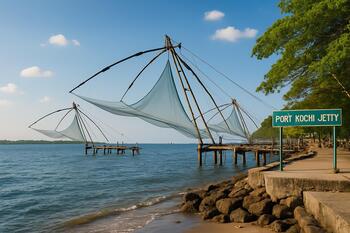 Fort Kochi jetty with nets and still backwater surface