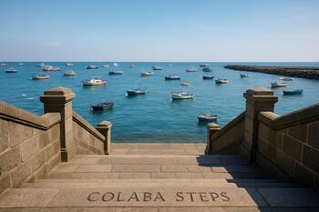 Colaba harbor steps with fishing boats and skyline beyond
