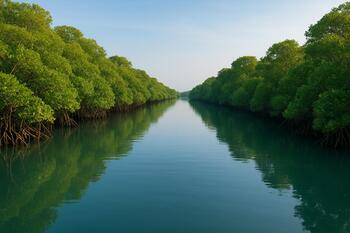 Mangrove-lined channel with still water and reflections