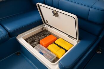 Under-seat storage bin with towels and sunscreen