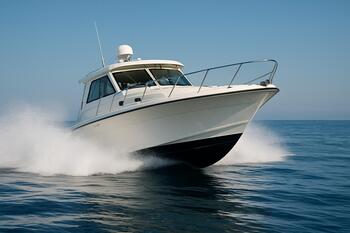 Boat trimmed bow-low, slicing flat water for fast planing