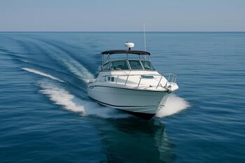 Boat running level with calm wake lines behind